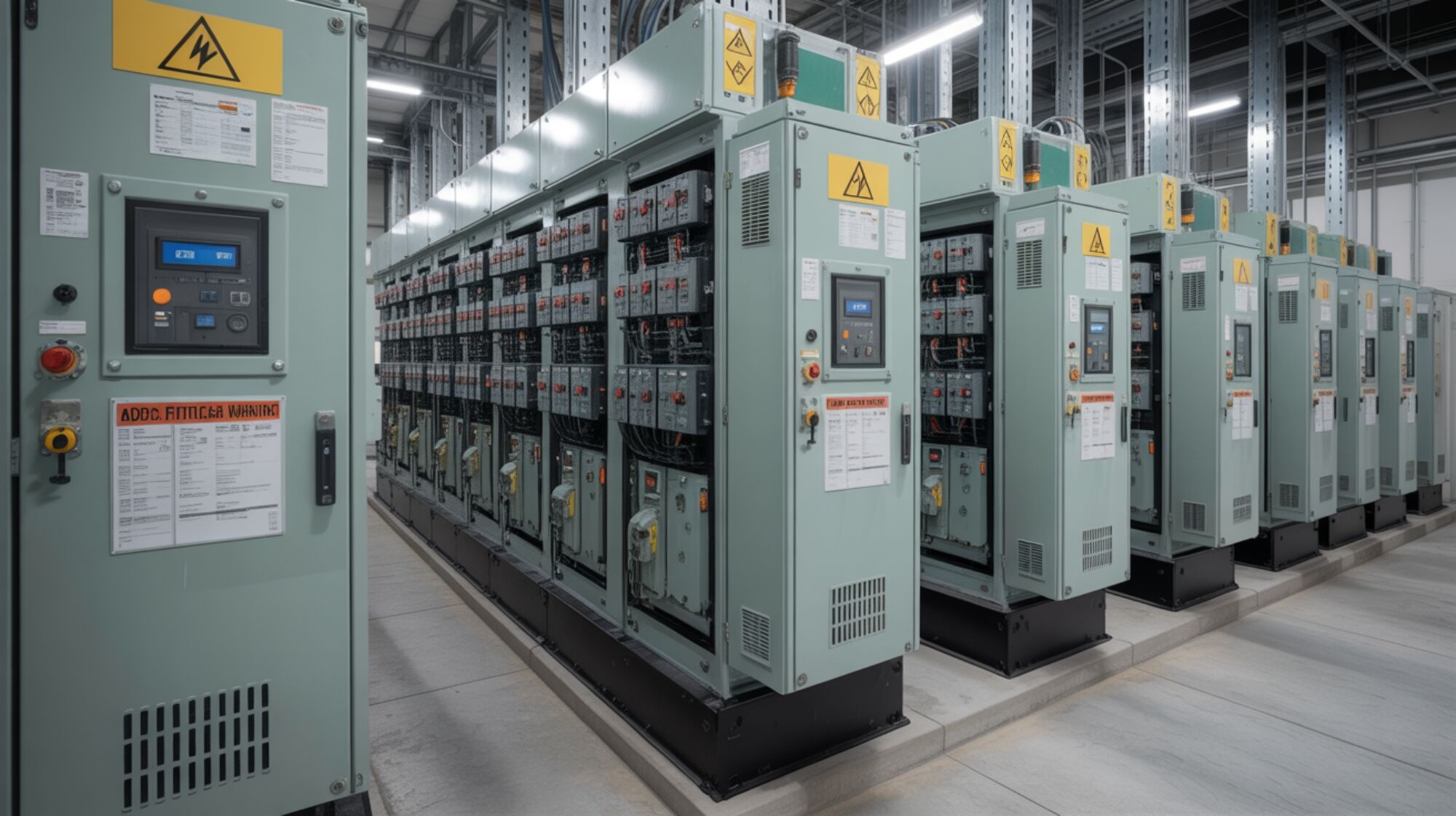 Industrial electrical room with switchgear lineups marked with arc flash warning labels